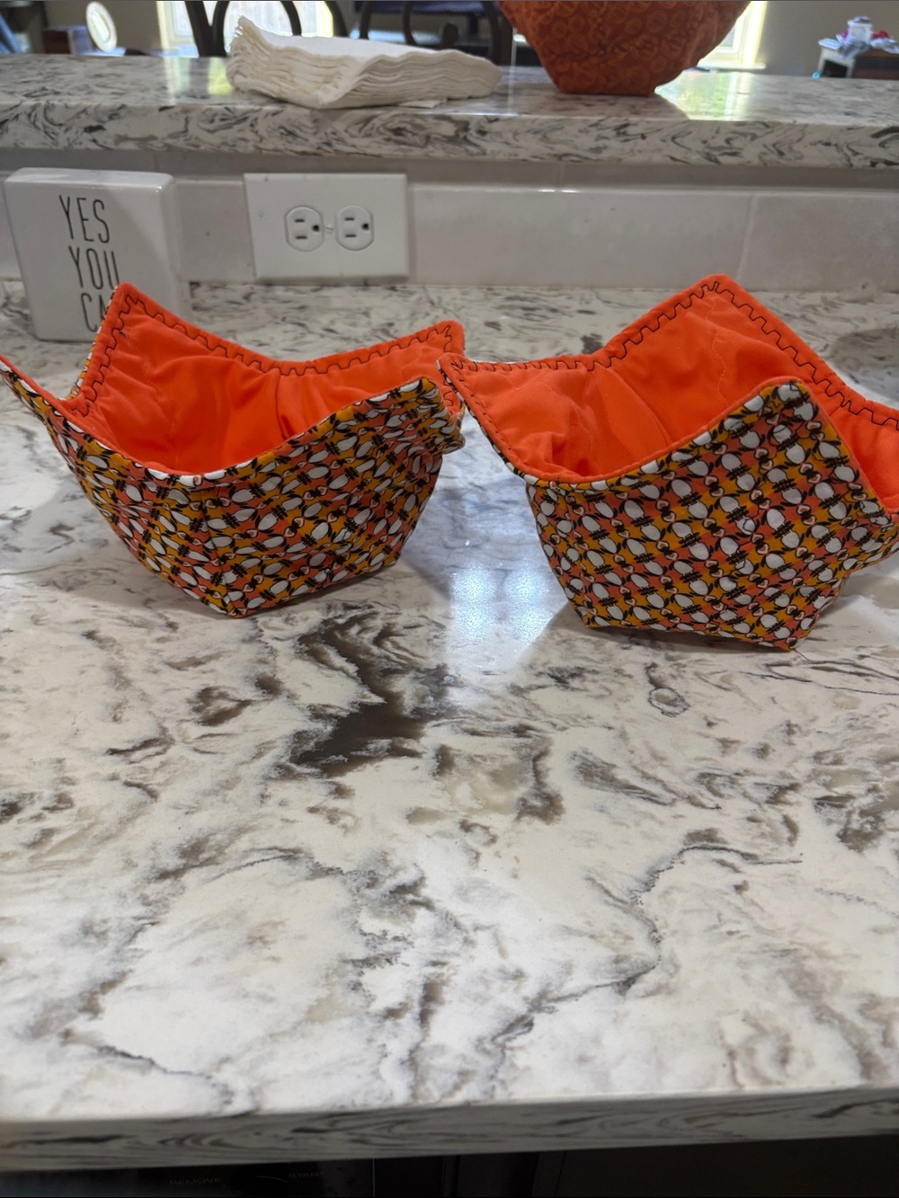 Set of 2 Orange penguin Printed Fabric Bowl Cozies,